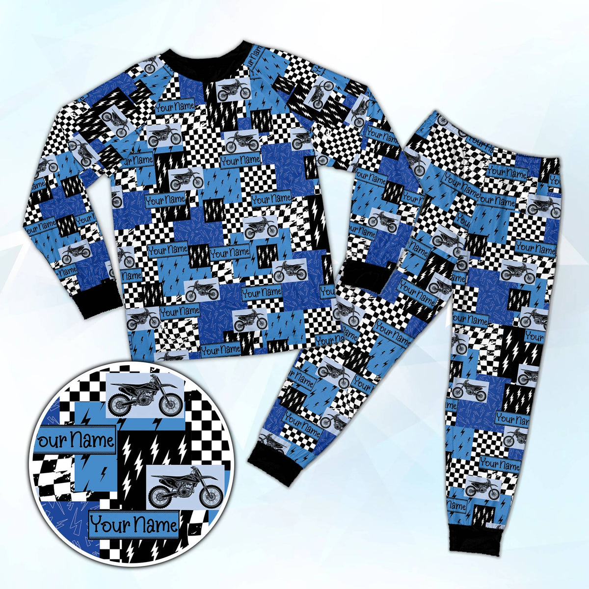 Personalized blue motocross pajama set with custom name and dirt bike pattern, main view