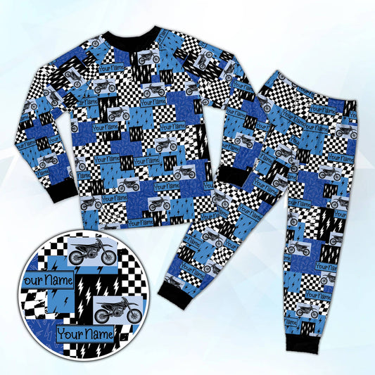 Personalized blue motocross pajama set with custom name and dirt bike pattern, main view
