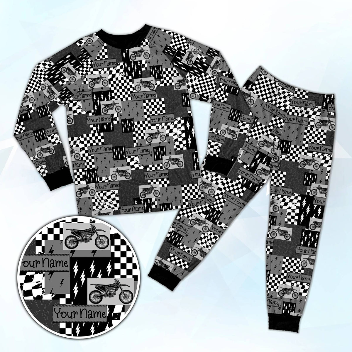 Personalized gray motocross pajama set with custom name and dirt bike pattern, front view