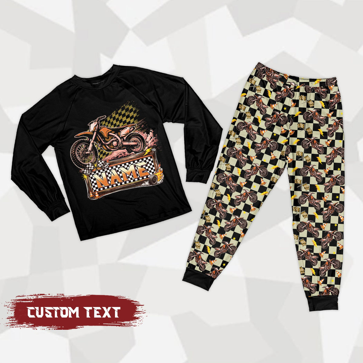 Front view of the personalized motocross pajama set in a teal and multicolored variation