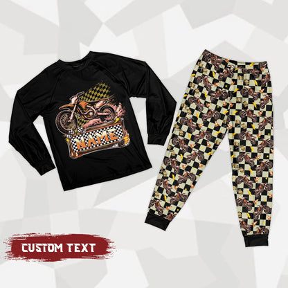 Front view of the personalized motocross pajama set in a teal and multicolored variation