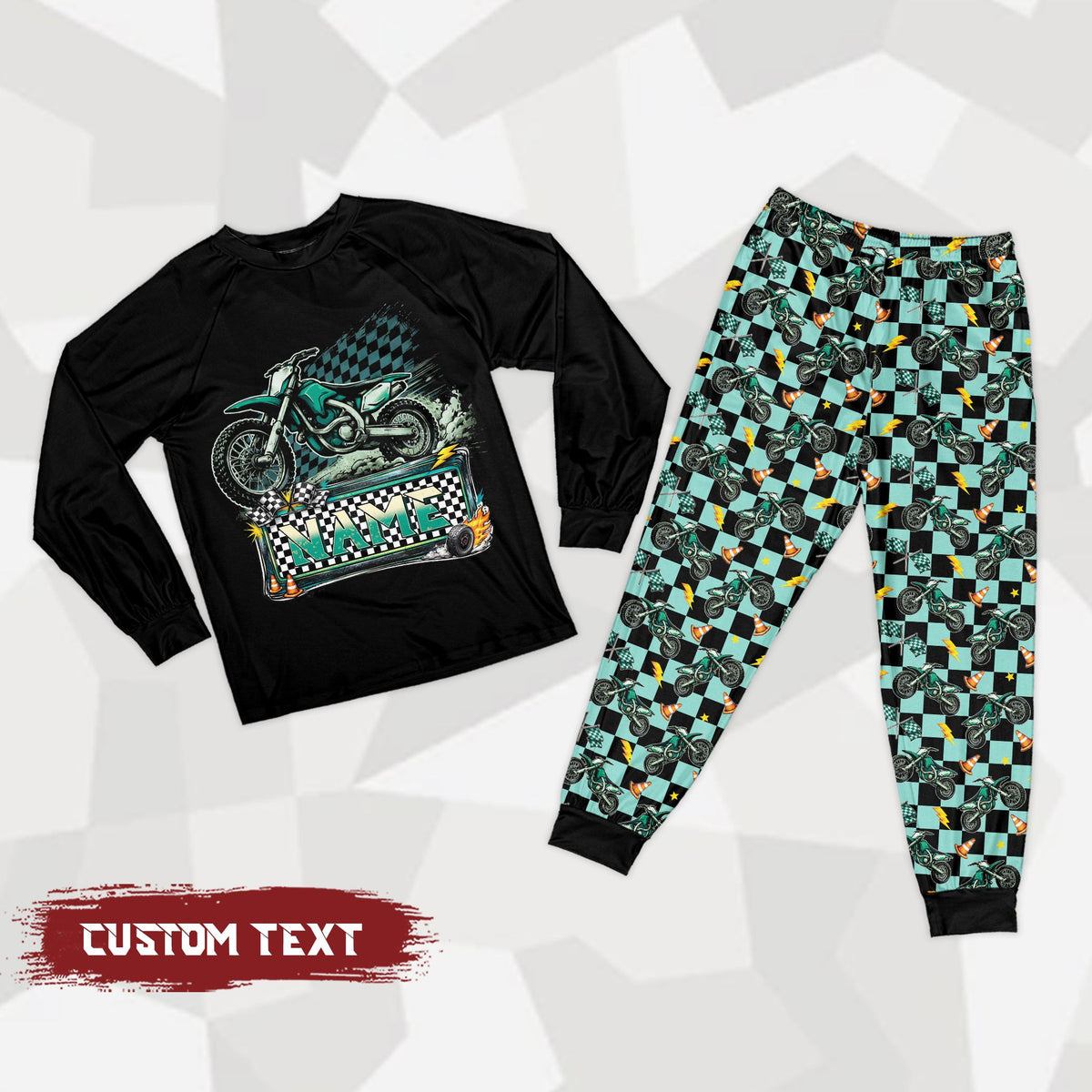 Matching family pajamas featuring a personalized motocross pajama set with custom name and number, showing a group layout