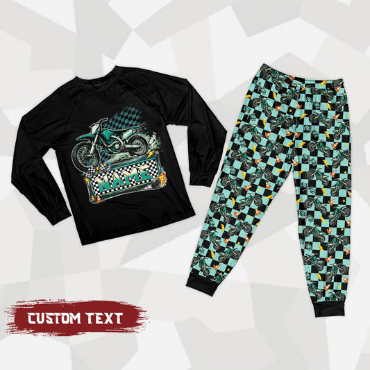 Matching family pajamas featuring a personalized motocross pajama set with custom name and number, showing a group layout