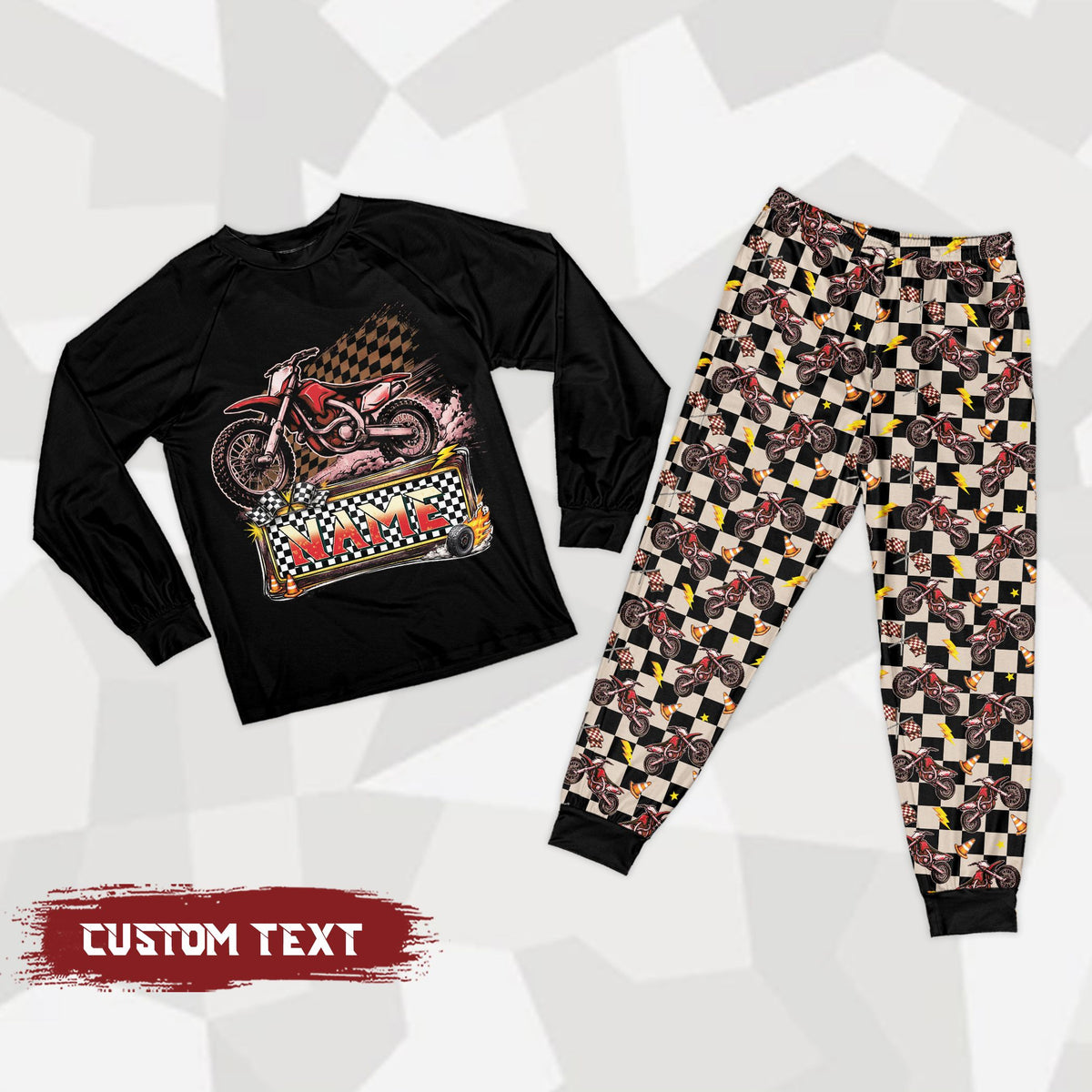 Front view of the personalized motocross pajama set in an orange and multicolored variation
