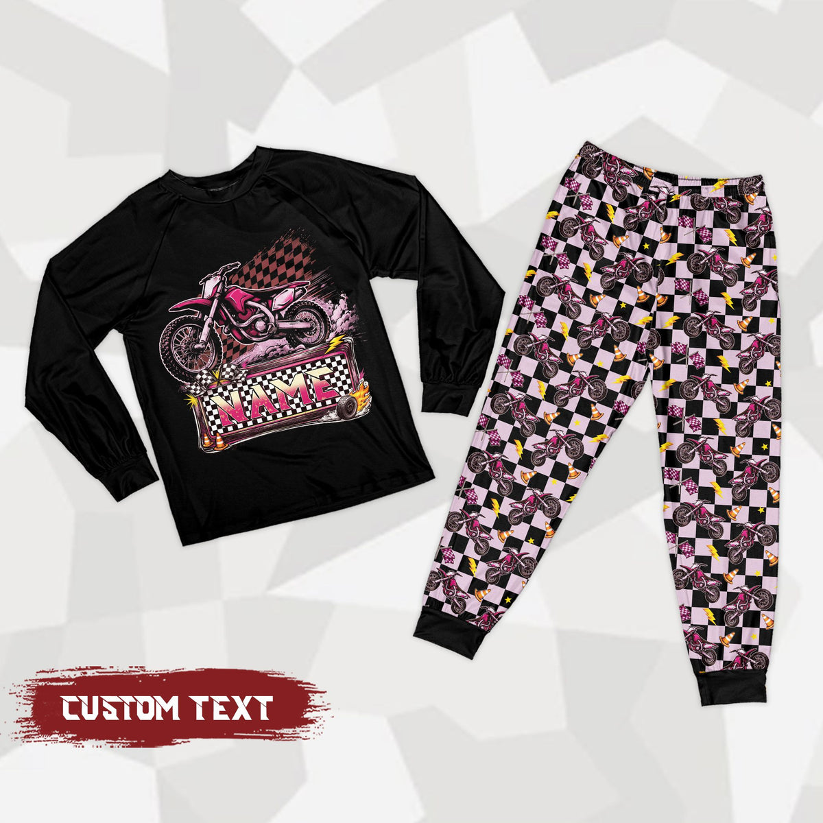 Front view of the personalized motocross pajama set in a red and multicolored variation