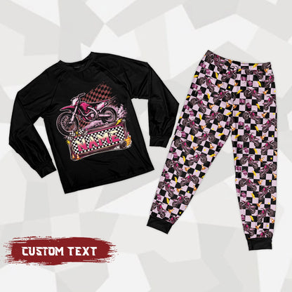 Front view of the personalized motocross pajama set in a red and multicolored variation