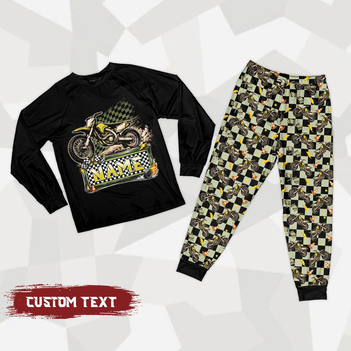Front view of the personalized motocross pajama set in a pink and multicolored variation