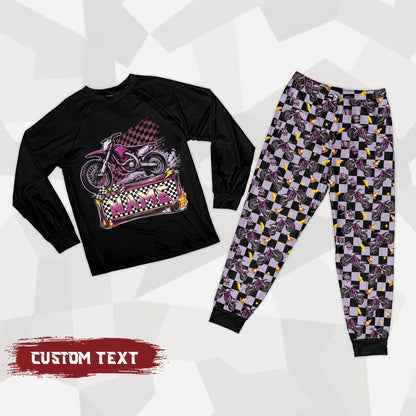 Front view of the personalized motocross pajama set in a purple and multicolored variation
