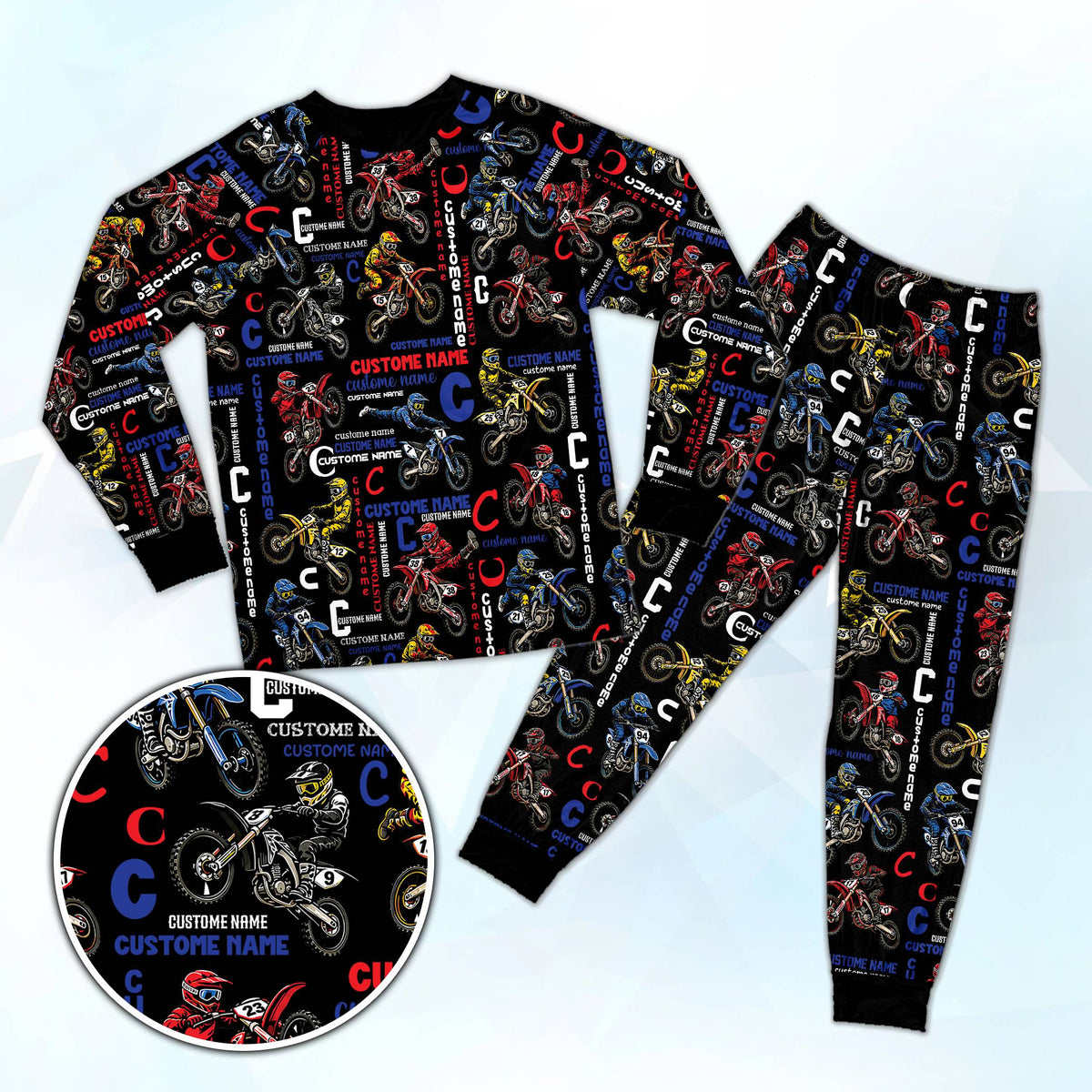 Black motocross racing pajama set with custom text front view