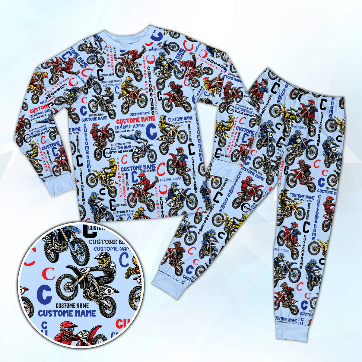 Light blue motocross racing pajama set featuring dirt bike riders