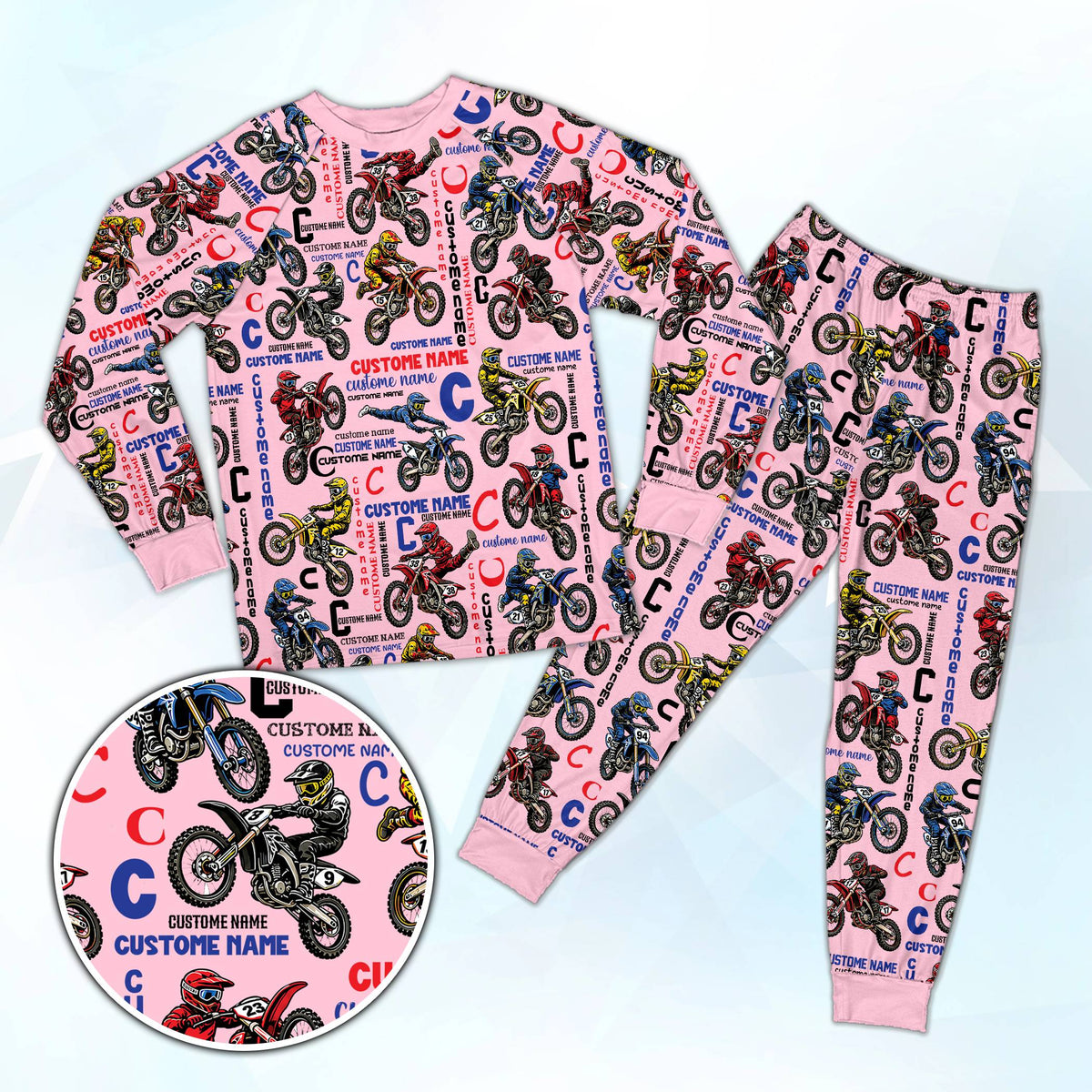Pink personalized motocross racing pajama set front view