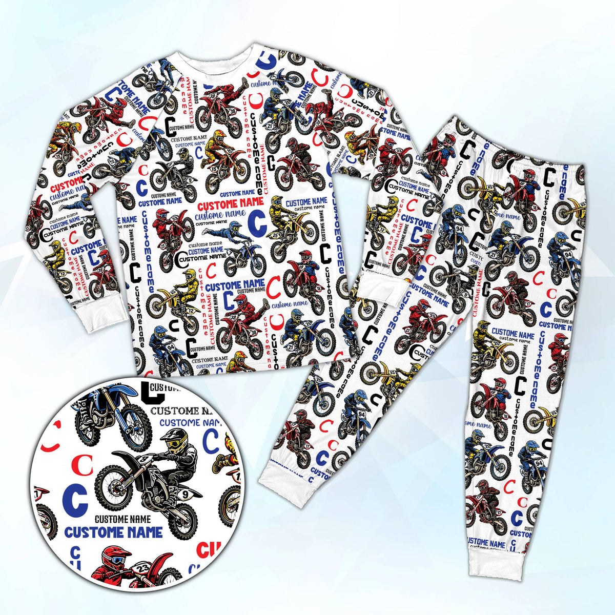 White motocross racing pajama set with custom name and number on matching family pajamas
