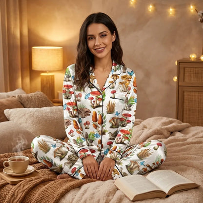 Close up lifestyle view of the mushroom and butterfly matching family pajamas
