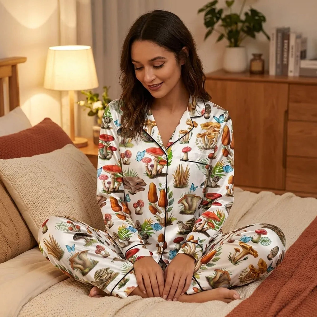 Lifestyle image showcasing the comfortable fit of the vintage botanical family pajama set