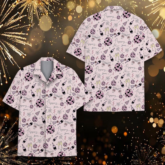 Main view of the pink new year pajama set featuring disco balls and champagne