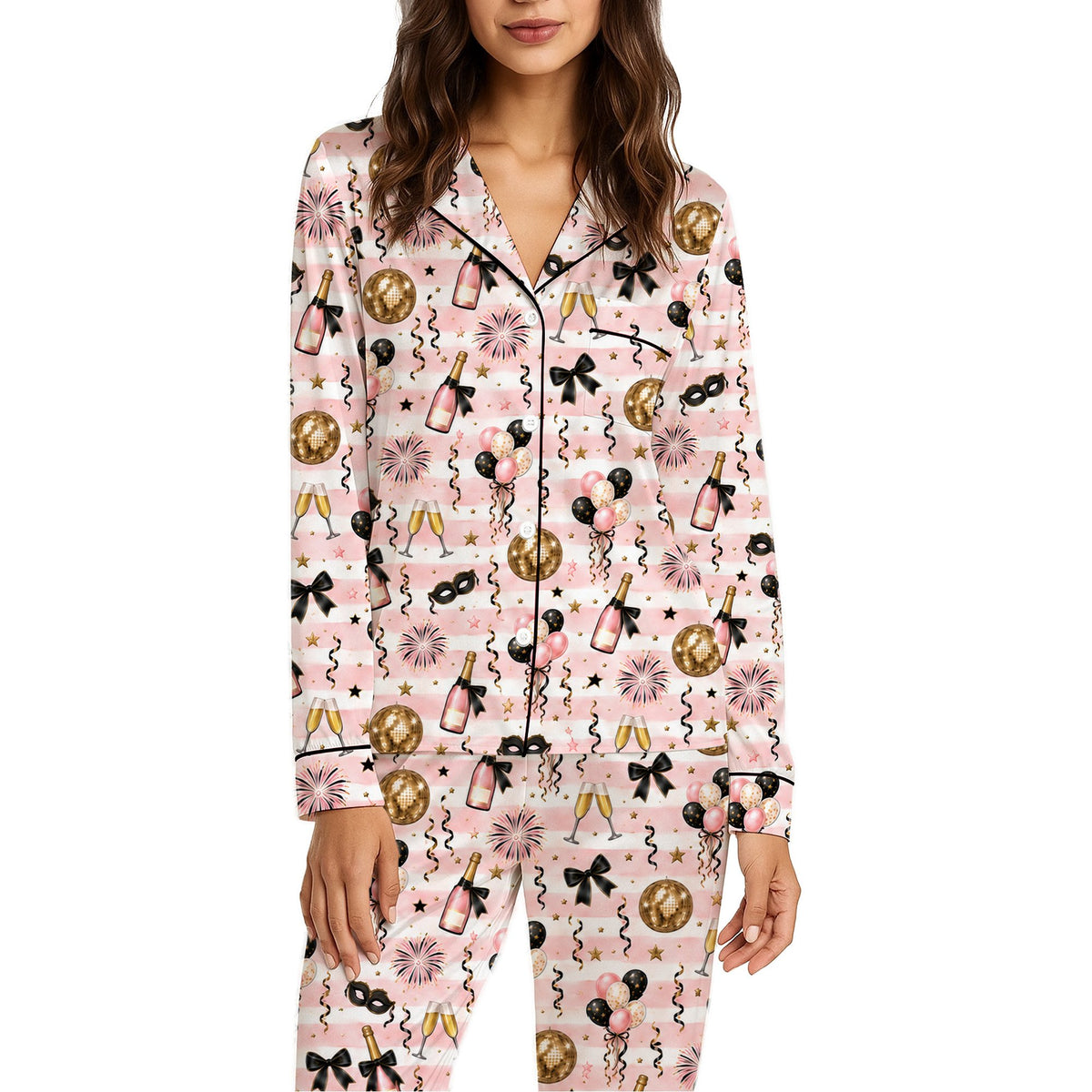 Full front view showing the comfortable fit of the New Year's Eve pajama set