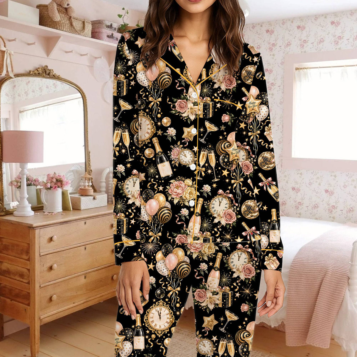 Full front view of the New Year's Eve family pajama set