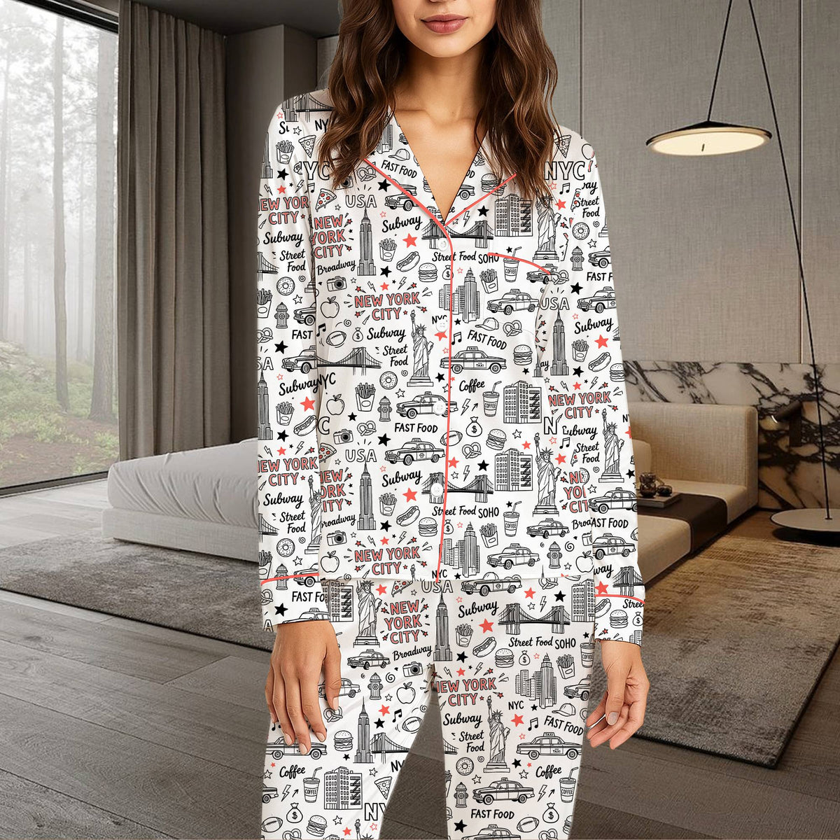 Front view of the matching family pajamas showing the Empire State Building doodle