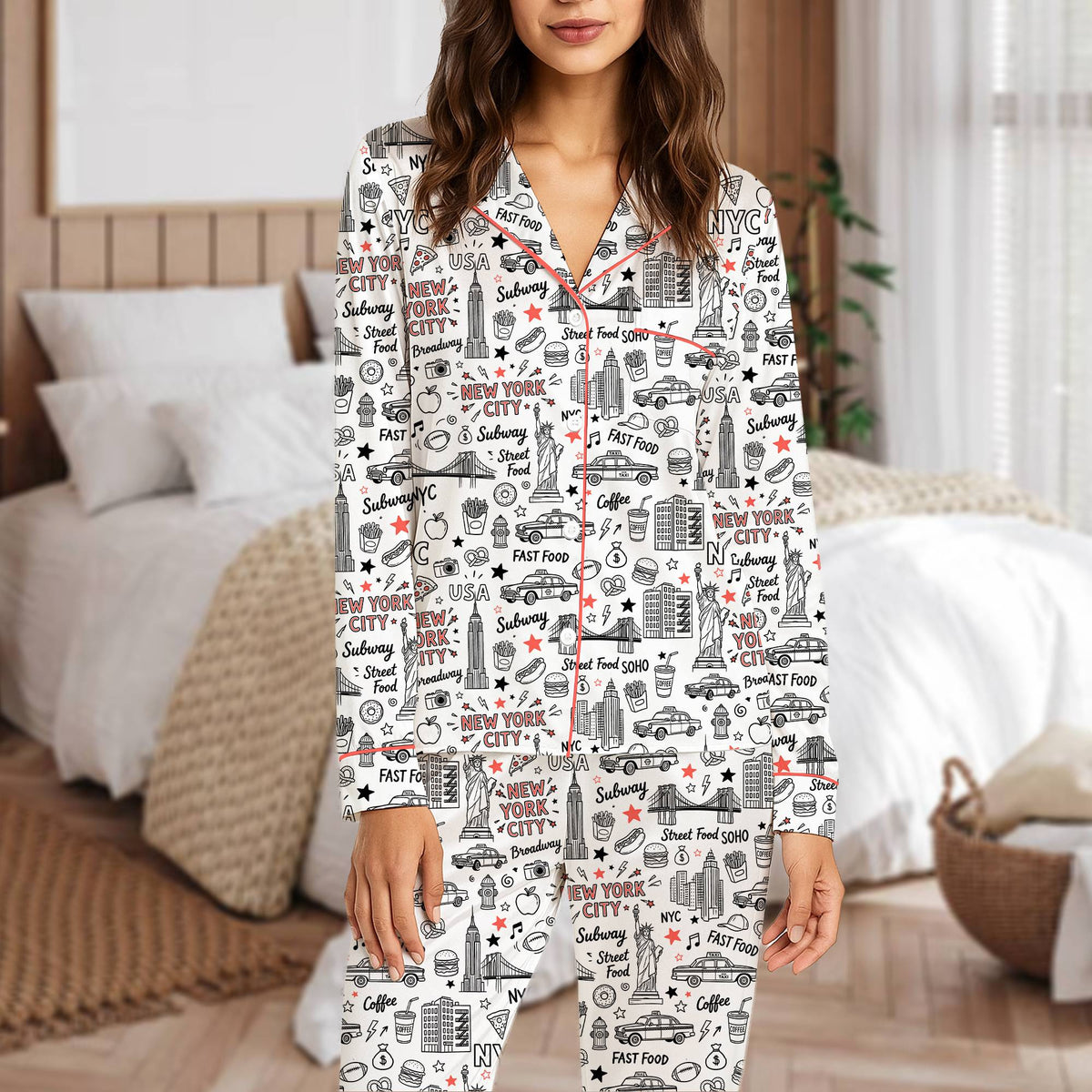 Front view detailing the Statue of Liberty design on the pajama set