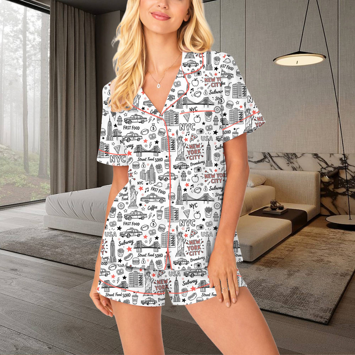 New york city pajama set featuring a doodle pattern of classic landmarks, main view