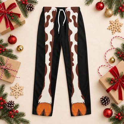 Front view of the black and white cow hooves pajama pants