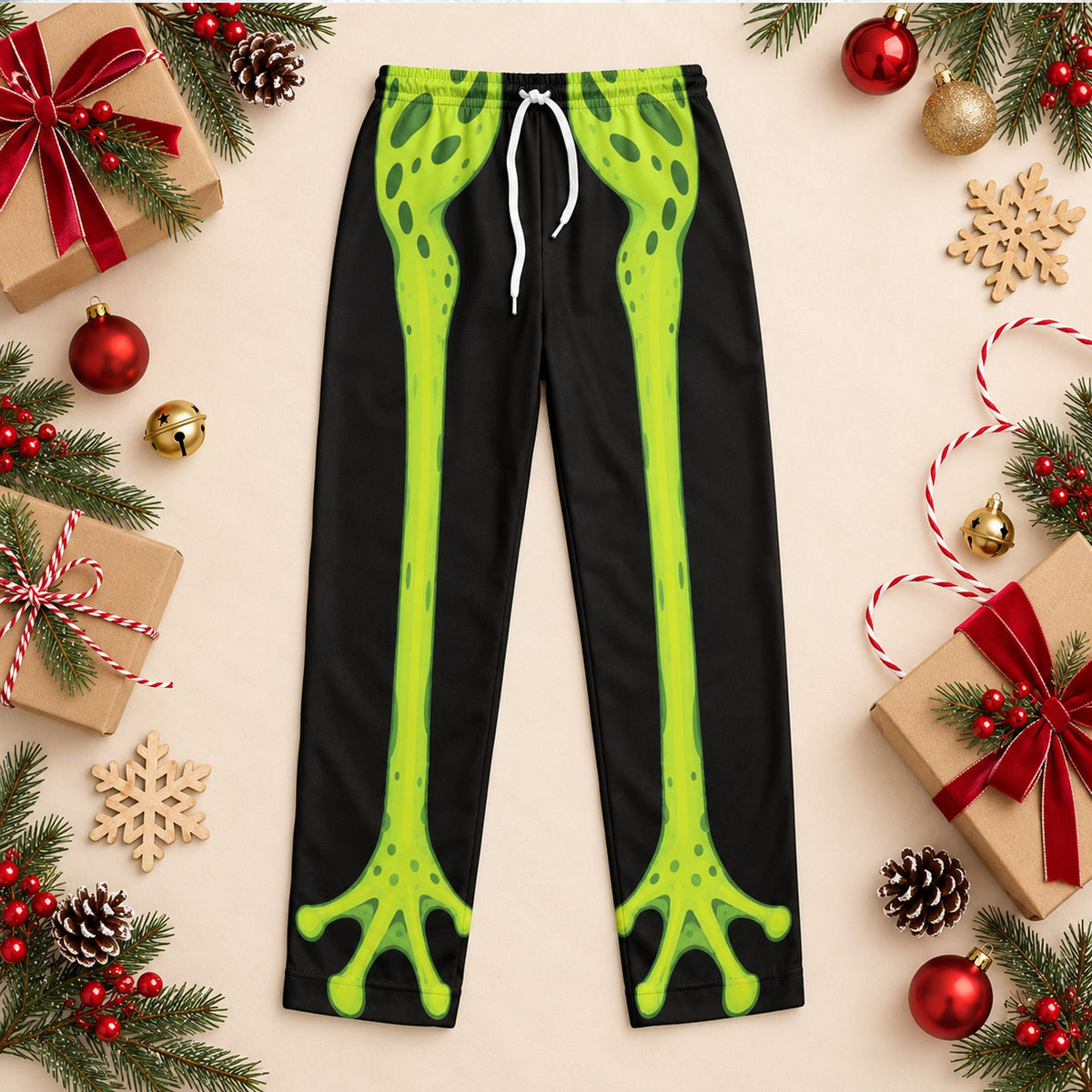 Front view of the brown novelty animal legs pajama pants
