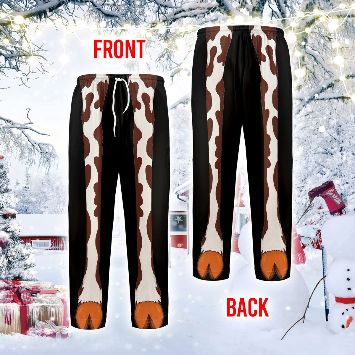 Front view of another novelty animal legs pajama design on black