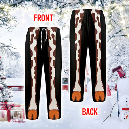 Front view of another novelty animal legs pajama design on black