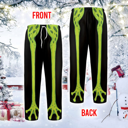 Main view of the novelty animal legs pajama set on a black background