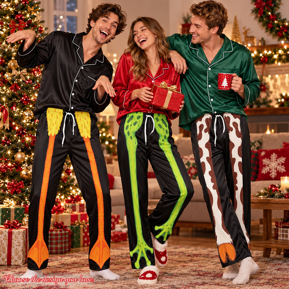 Lifestyle view of a family wearing matching xmas family pajamas with animal legs