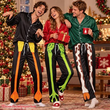 Lifestyle view of a family wearing matching xmas family pajamas with animal legs