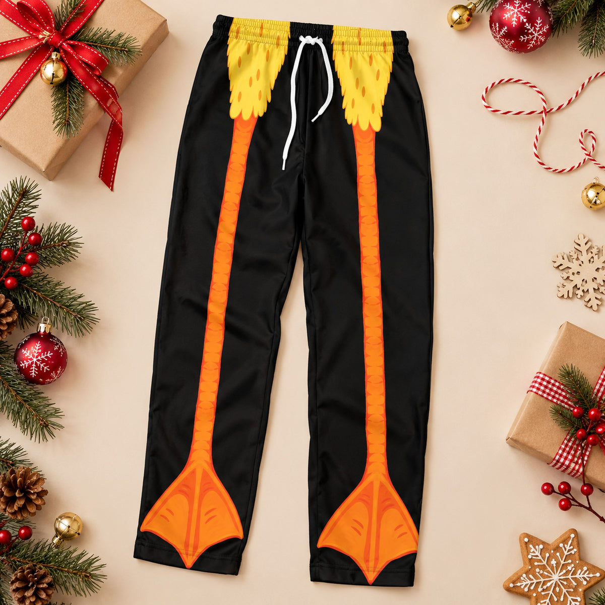 Front view of the orange duck novelty animal legs pajama pants