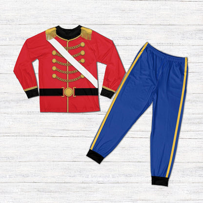 Front view of the blue nutcracker toy soldier matching family pajama set