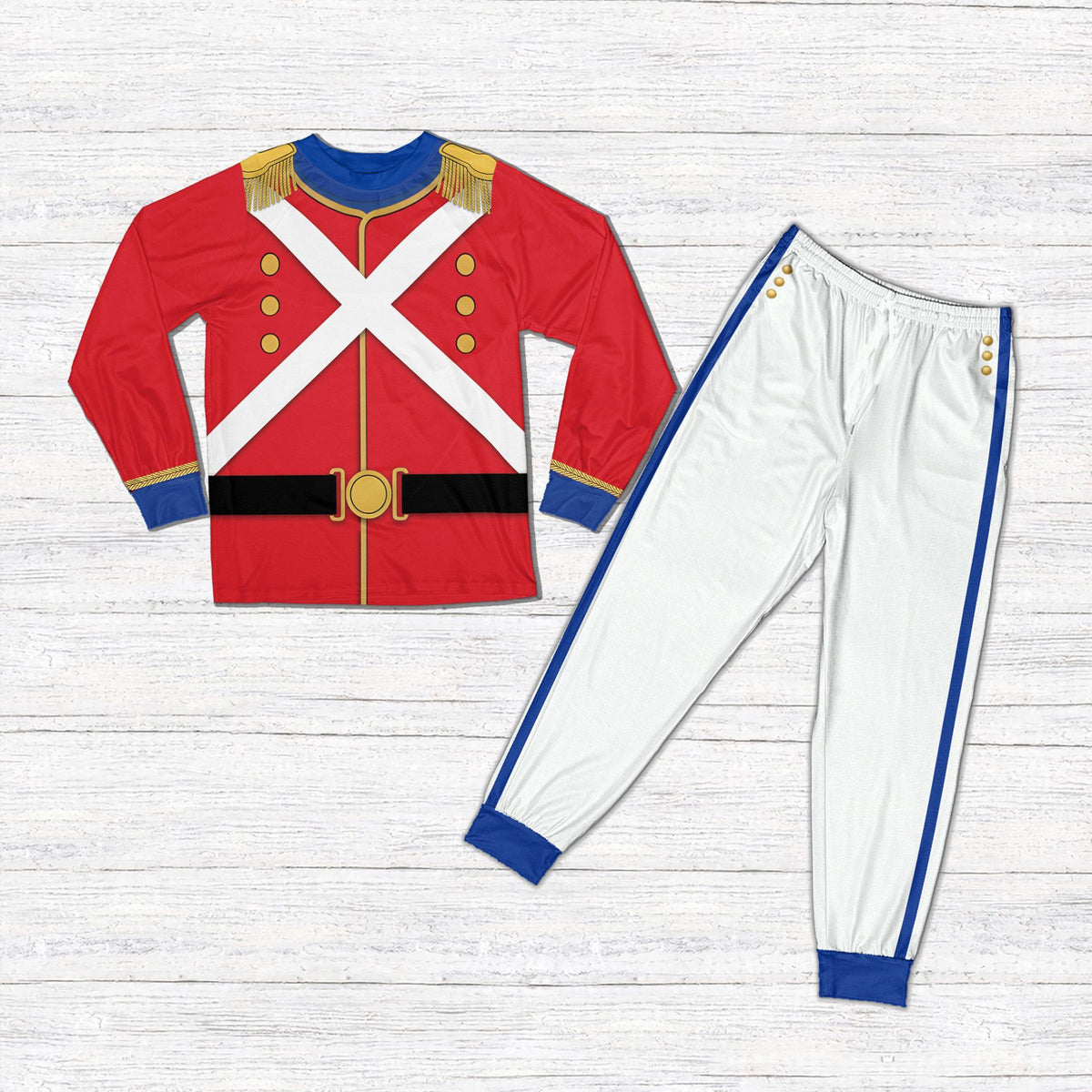 Front view of the white nutcracker print pajama set