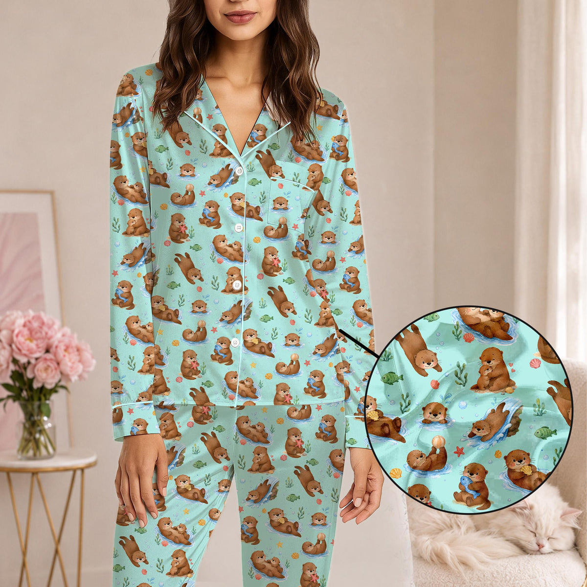 Close-up front view of the otters pajama set print
