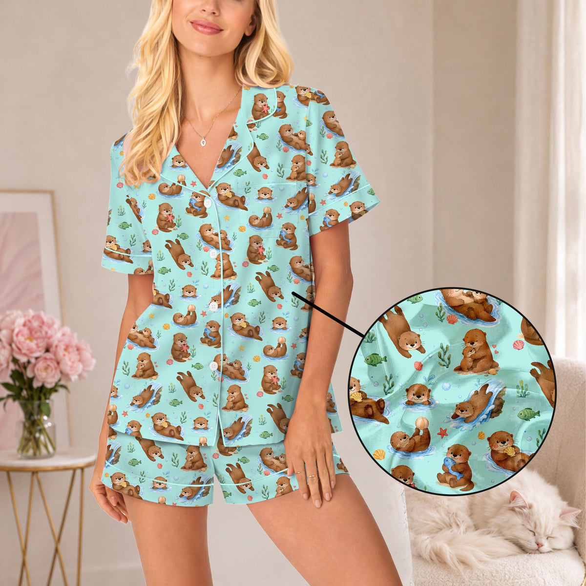 Another front view of the adorable otters matching sleepwear