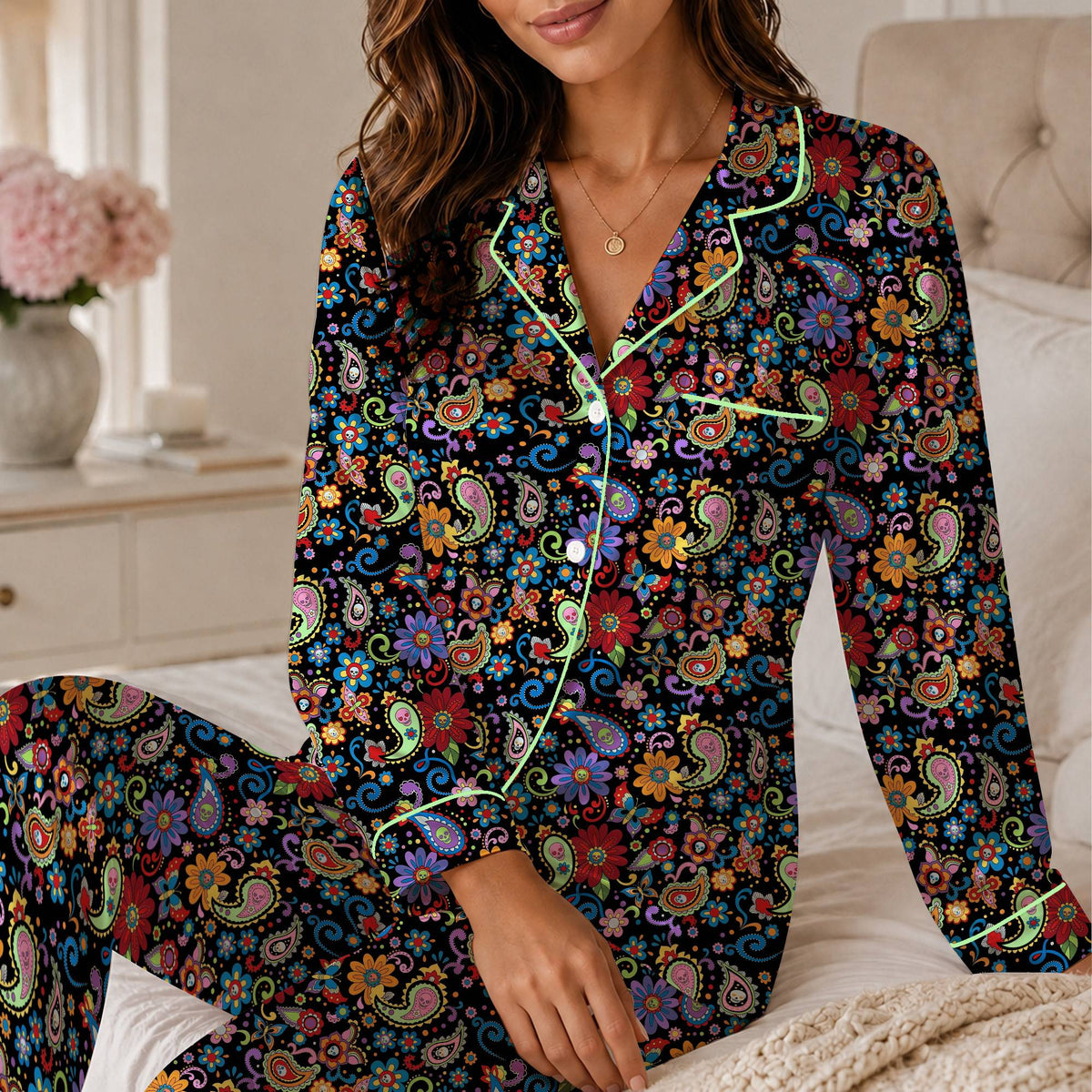Lifestyle view of day of the dead matching family pajamas
