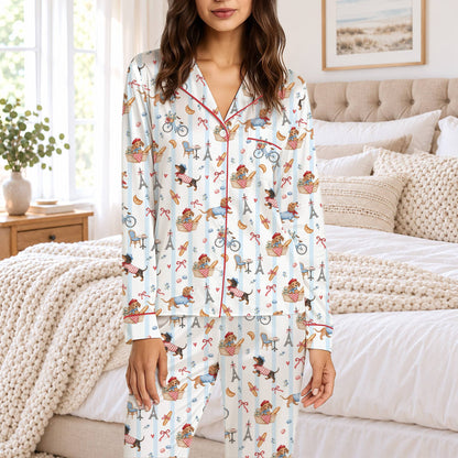 Detailed front view of the blue and white striped dachshund pajama top