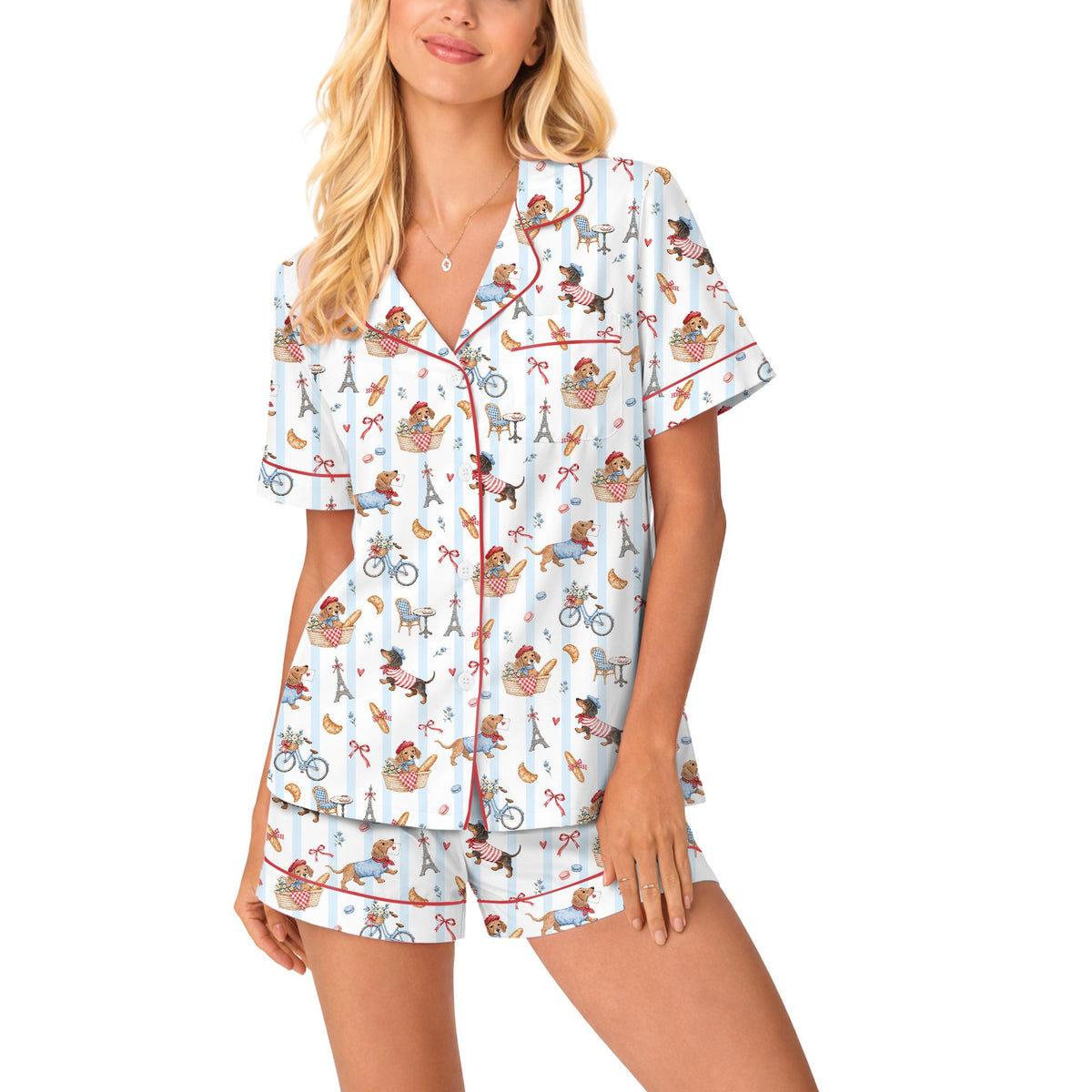 Dachshund and Eiffel Tower pattern pajama set front view