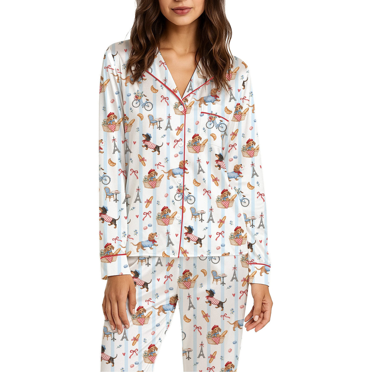 Matching family pajamas featuring Parisian dogs and Eiffel Tower on blue stripes, main view