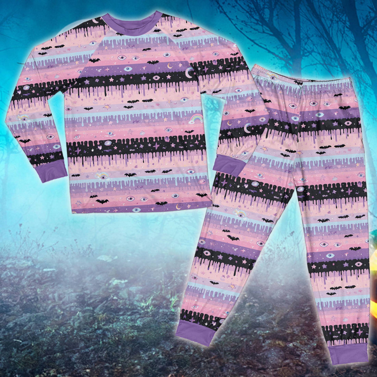Another front view of the pastel goth family pajamas matching set with crescent moons and stars