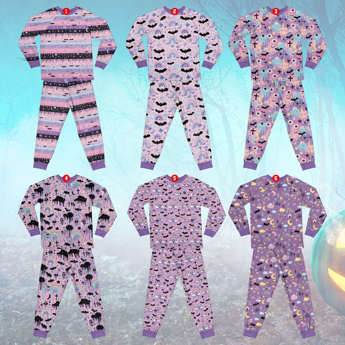 Styled view of the matching pajamas family set in pastel goth Halloween theme