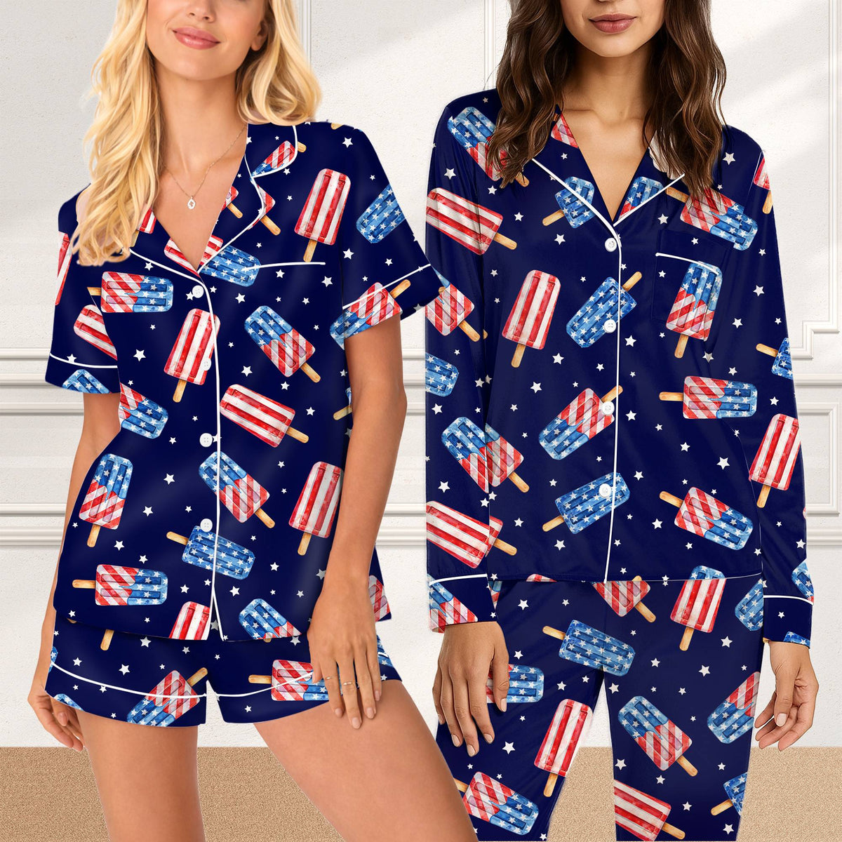 Front view of the patriotic popsicles pajama top for family matching holiday pajamas