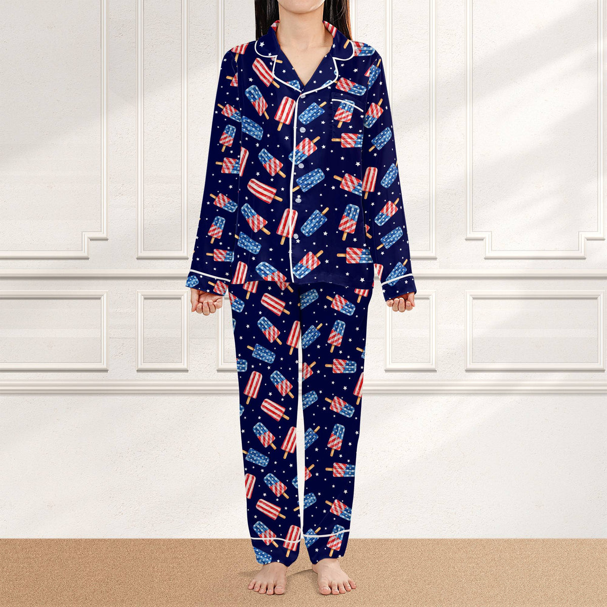 Close up front view of the patriotic popsicles pajama set in navy polyester