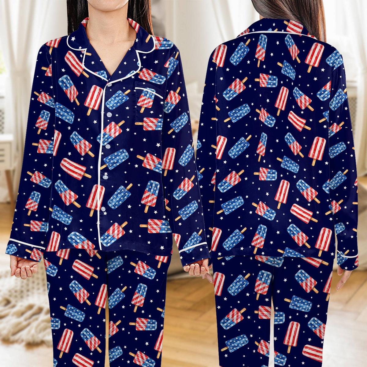 Another front view of the patriotic popsicles pajama set for Fourth of July celebrations