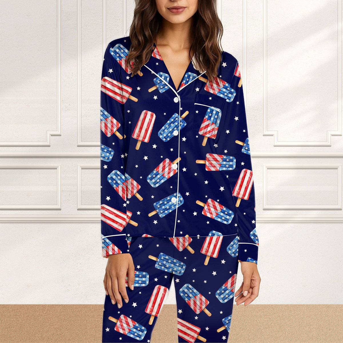 Patriotic popsicles pajama set featuring red white and blue designs on a navy starry background