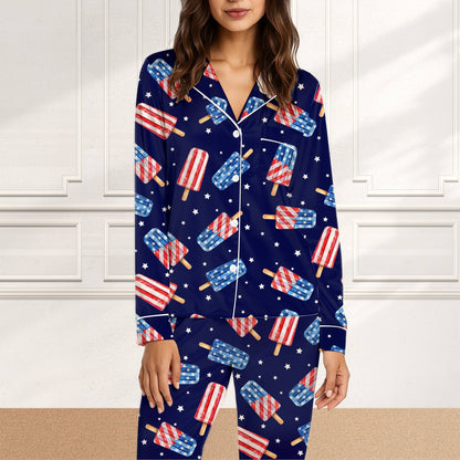 Patriotic popsicles pajama set featuring red white and blue designs on a navy starry background