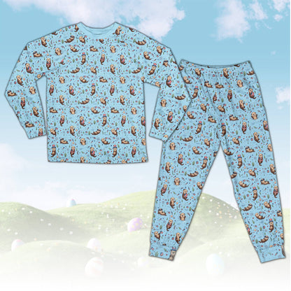 Patriotic sea otters pajama set with light blue background, front view