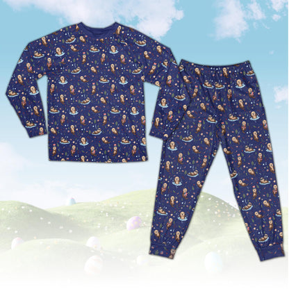 Patriotic sea otters pajama set with navy background, front view