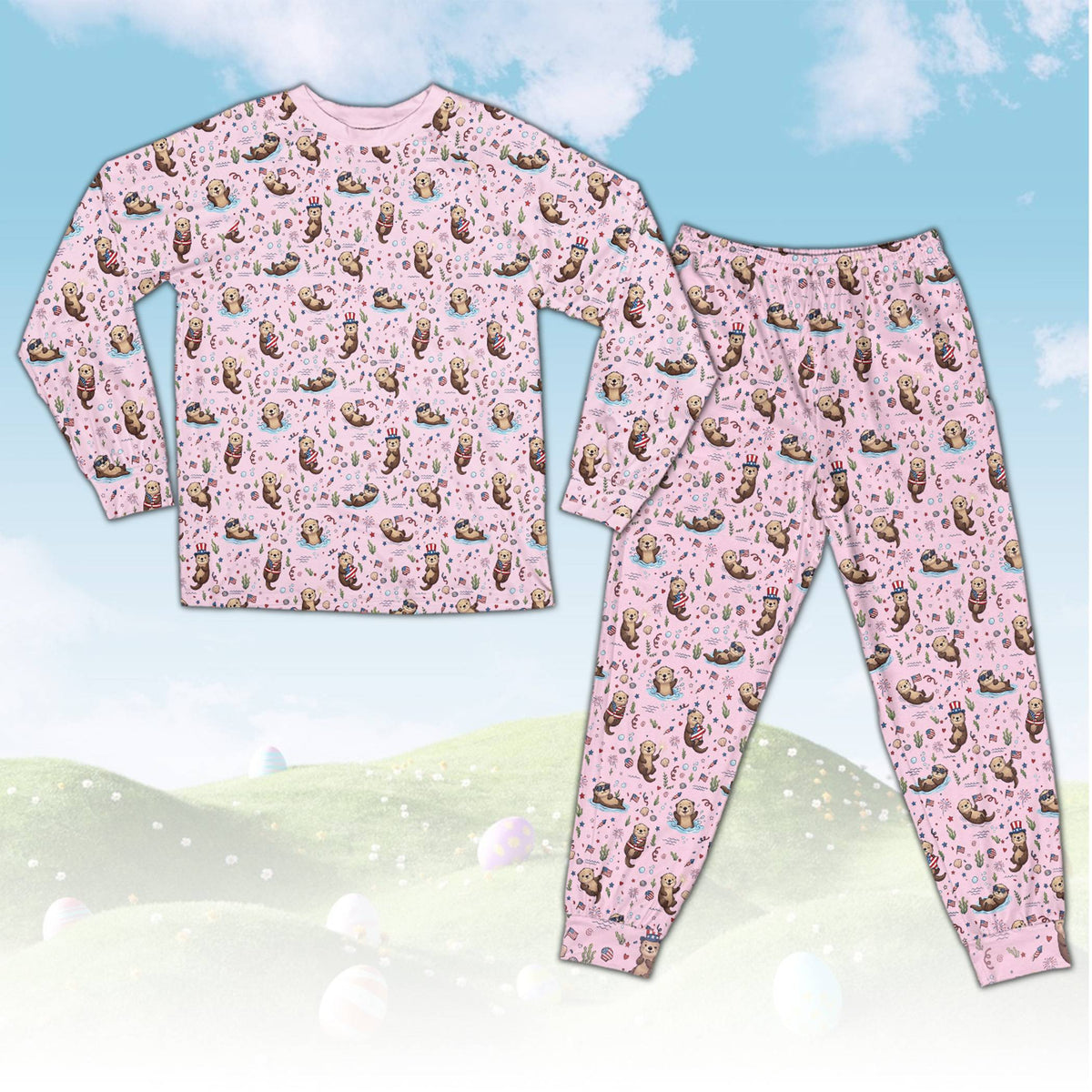 Patriotic sea otters pajama set with pink background, front view